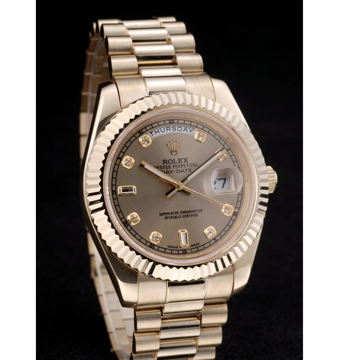 Aaa replica watch 41997 Rolex Gold Ribbed DayDate Swiss Dial Steel Bezel Stainless Gold 0726